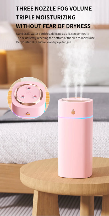 Triple-Nozzle 600mL Waterdrop Mist Humidifier: Fast & Gentle Moisture for Your Space