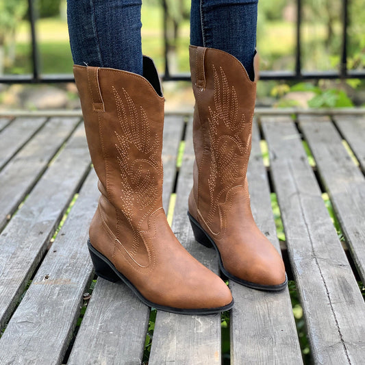 2024 Classic Embroidered Western Cowboy Boots for Women Leather Cowgirl Boots Low Heels Shoes Knee High Woman Boots Size36-43 by PDG ibma
