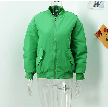 Retro Solid Zipper Cotton Jackets Women Casual Loose Bomber Jacket With Oblique Pockets Female Y2k Autumn Chic Street Outwear