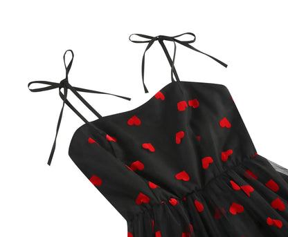 Knot Strap Strawberry Patchwork Vintage Dress 2025 Heart Flocking Valentine's Day Dress Women Birthday Party Pleated Mesh Dress