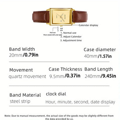 2pcs/set Square Couple's Watch, PU Leather Strap, Quartz Movement | Gifts for Men or Women | Valentine's Day Gifts