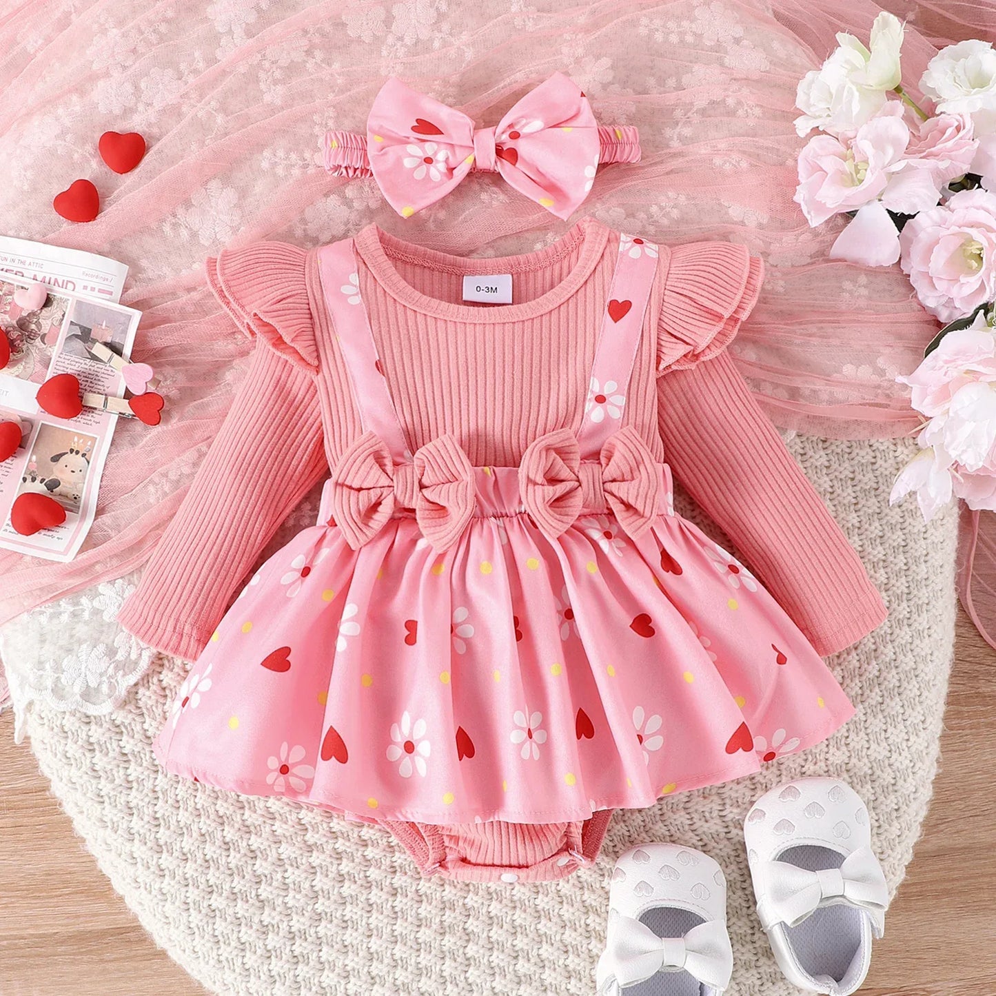2PCS  Spring And Autumn New Style For Girls 0-1 Years Old Sweet And Comfortable Pit Strip Long-Sleeved False Straps Hat Dress