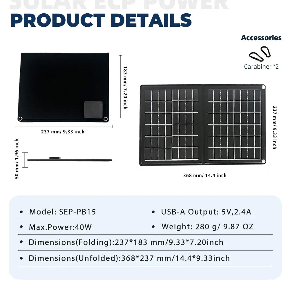 Practical Solar Panel Foldable Power Bank SOECOPO 40W Portable Charge Phone Outdoor Activities  USB + Type - C 5V/2.4A Camping