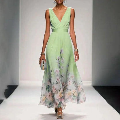 New Fashion Party Dresses Deep V Neck Floral Printing Ruffle Sleeveless A Line Beach Dress High Waisted Summer Sexy Womens Dress