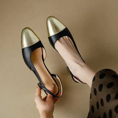 Ochanmeb Women Genuine Leather Sandals Designer Mix-color Thick High Heels Shoes Slingback Ladies Summer Sandal Small Size 31 32