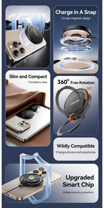 Essager Magnetic Wireless Charger With Holder 15W Fast Charging For iPhone16 15 14 13Pro Max Airpods Mini Wireless Phone Charger