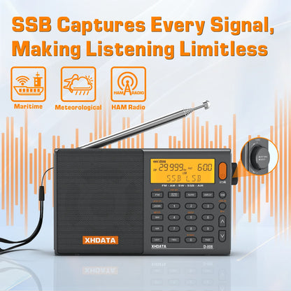 XHDATA D-808 Portable Radio AM/FM/SW/MW/LW SSB AIR RDS Radio Speaker with LCD Display Alarm Clock Stereo Radio D808