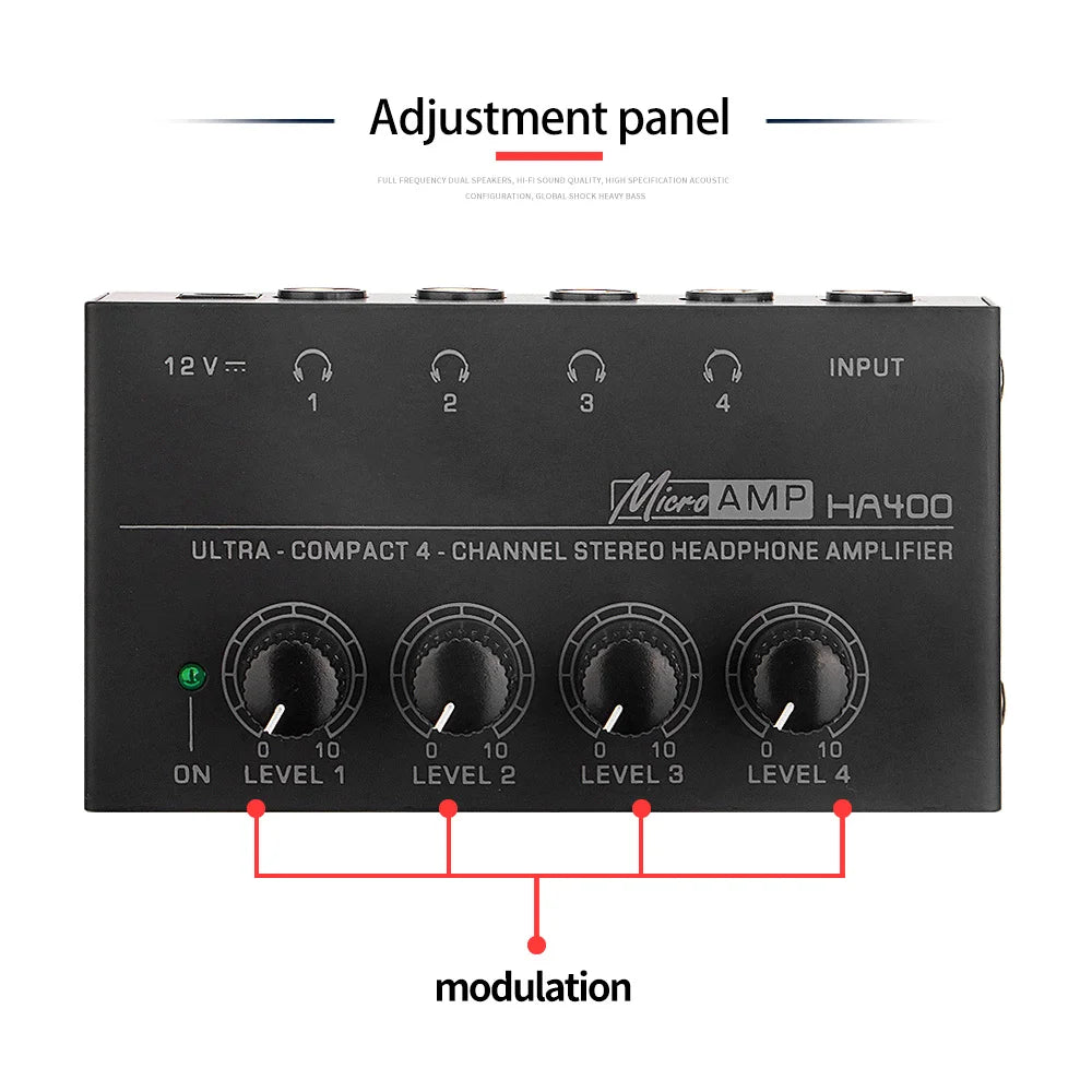 HA400 Ultra-Compact Stereo Audio Amplifier 4 Channels Mini Headphone Amplifier With Power Adapter 10MHz Earphone Amp for Music