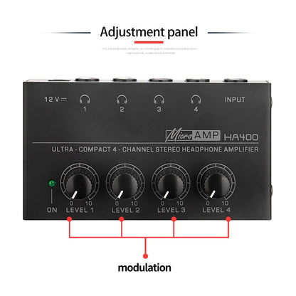 HA400 Ultra-Compact Stereo Audio Amplifier 4 Channels Mini Headphone Amplifier With Power Adapter 10MHz Earphone Amp for Music
