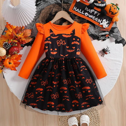 Prowow 2-8Y Kids Purple Halloween Dresses For Girls Long Sleeve Princess Mesh Spooky Spider Dress Children Halloween Costumes