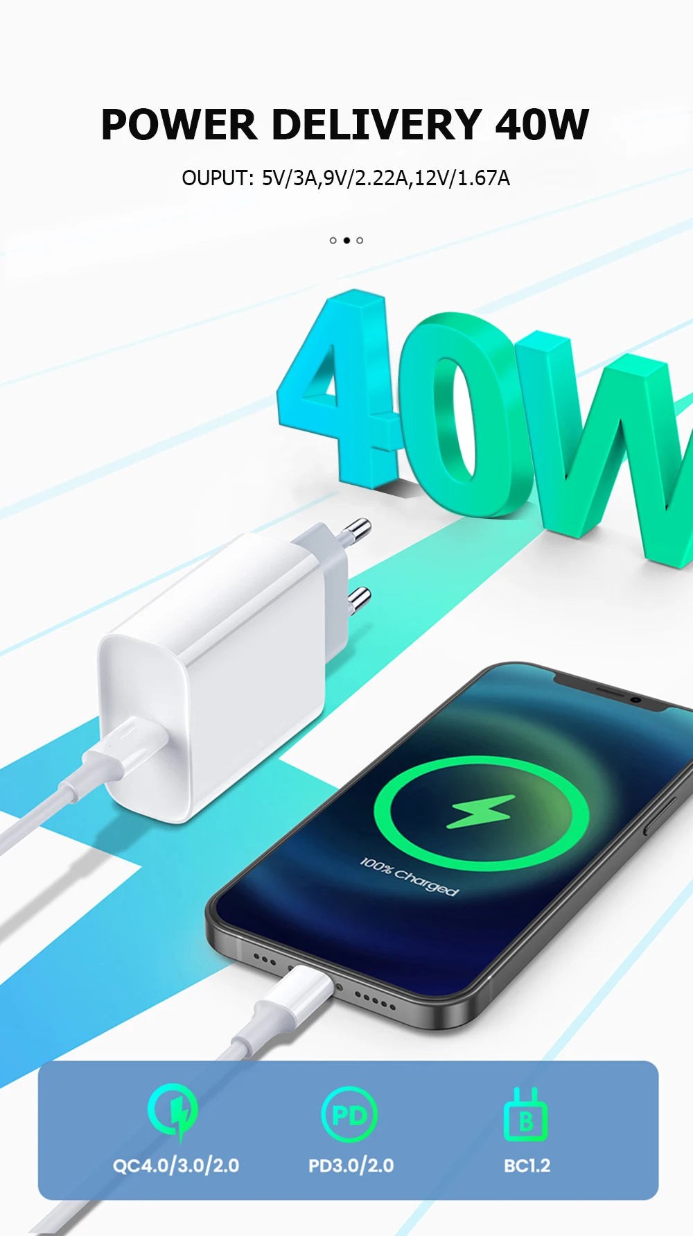 US EU Adapter PD 40W Fast Charger For Apple iPhone 15 13 12 11 14 17 16 Pro Max Type C Charger Charging Cable Phone Accessories