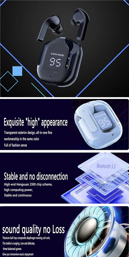 Bluetooth 5.3 Wireless Headset Transparent Headphones LED Power Digital Display Stereo Sound Earphones for Sports Working