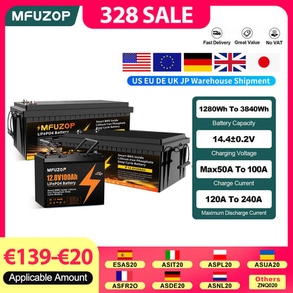 MFUZOP  12V 100Ah 200Ah 300Ah  LiFePO4 Battery Intelligent BMS System 1280Wh 2560Wh 3840Wh Deep Cycle for Solar Storage System