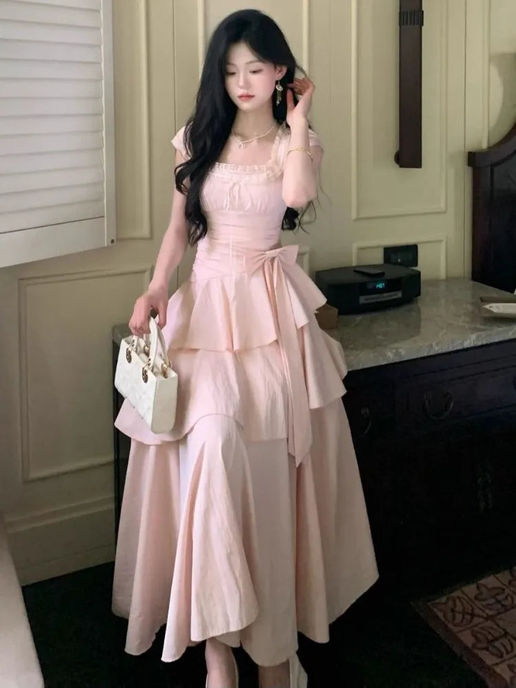 Pink Square Collar Korean Style Long Dress Women Japan Style Sweet Elegant Fairy Dress Female Fashion Summer Casual Party Dress