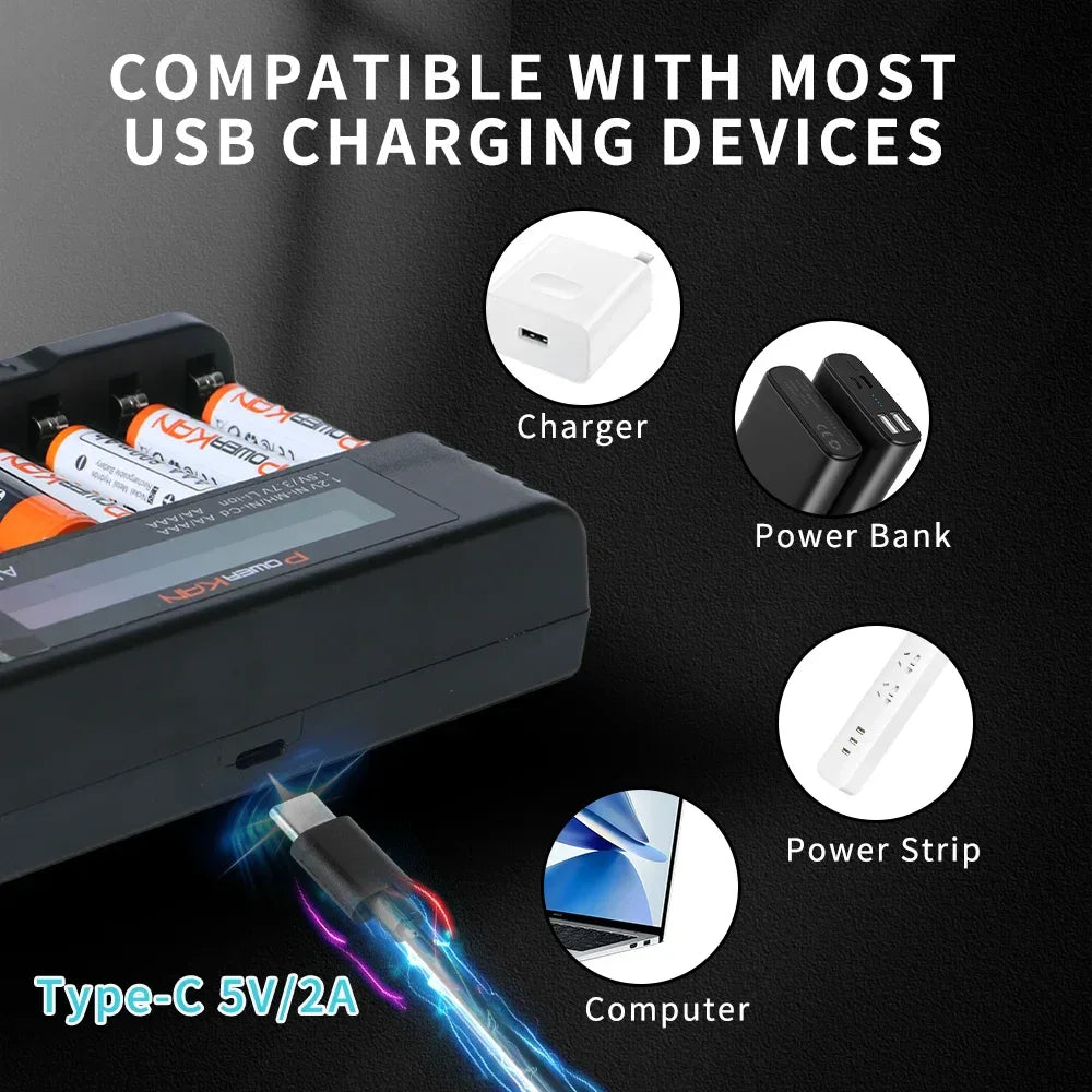 POWERKAN ALL8 charger, 8-slot high-speed LCD AA/AAA charger, suitable for 1.2V Ni-MH 1.5V/3.7V Li-ion rechargeable batteries