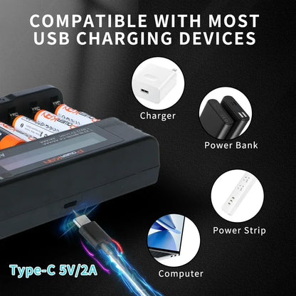 POWERKAN ALL8 charger, 8-slot high-speed LCD AA/AAA charger, suitable for 1.2V Ni-MH 1.5V/3.7V Li-ion rechargeable batteries