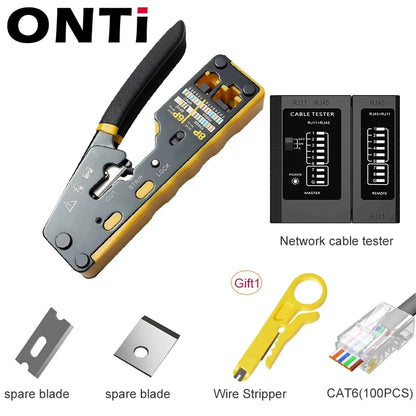 ONTi RJ45 Cat7/6/6A/5E Connector and RJ45 Crimp Tool Pass Through Crimper for 8P8C with Replacement Blade Cable Stripper