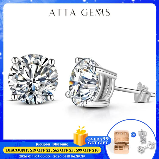 ATTAGEMS 2 Carat 8.0mm D Color Moissanite Stud Earrings For Women Top Quality 100% 925 Sterling Silver Sparkling Wedding Jewelry