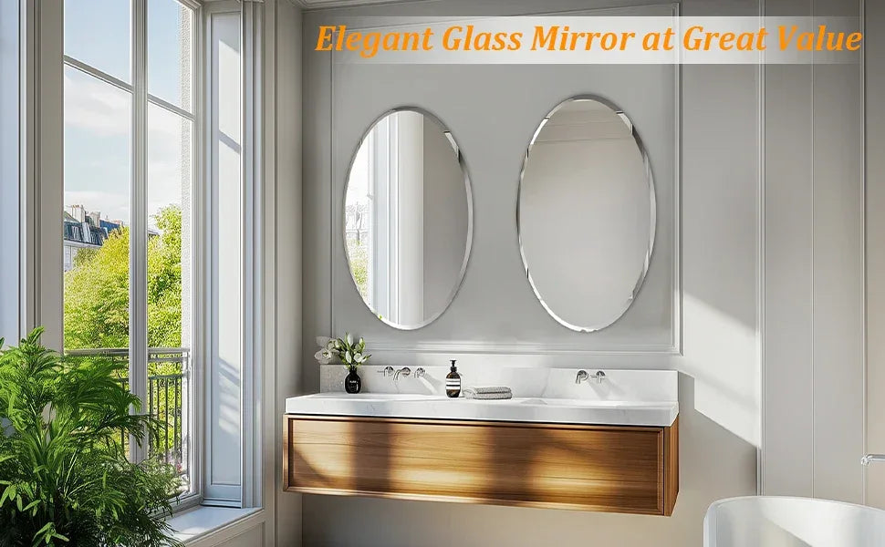 Frameless Oval Wall Mirror High Definition Elliptical Vanity Mirror with Beveled Silver Edge for Bathroom Bedroom Livingroom