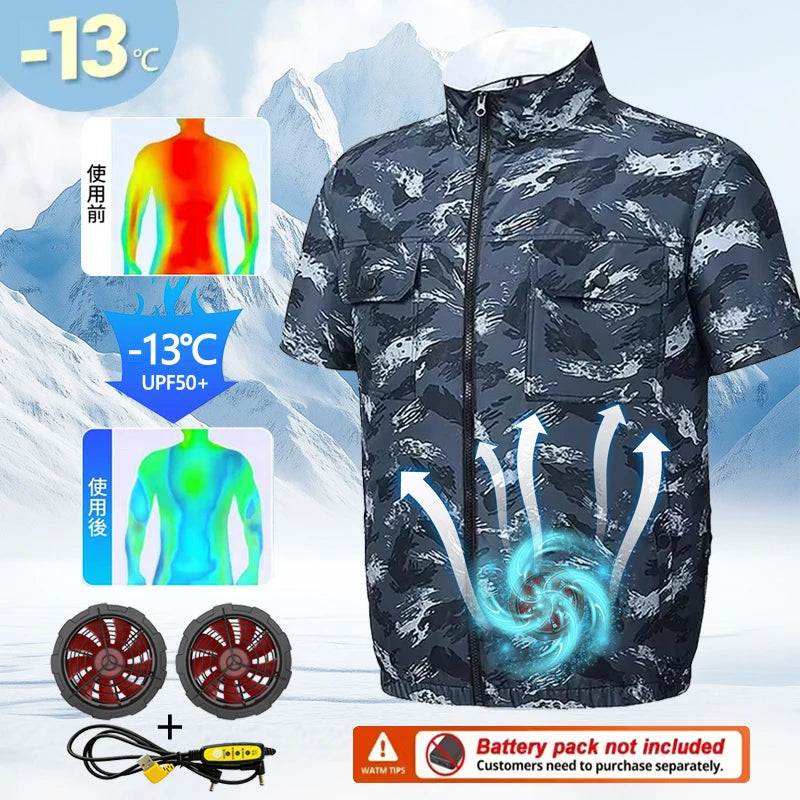 New Summer Men's Short Sleeve USB Fan Cooling Jacket for Outdoor Work Fishing, Cooling Vest for Heat Relief