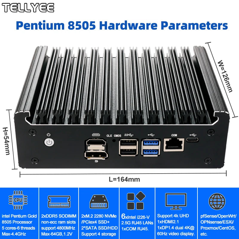 Intel Pentium Gold 8505 Soft Router 6 Lans I226-V 2.5G Fanless Mini PC COM HD DP USB Type-C DDR5 SATA PfSense Firewall Appliance