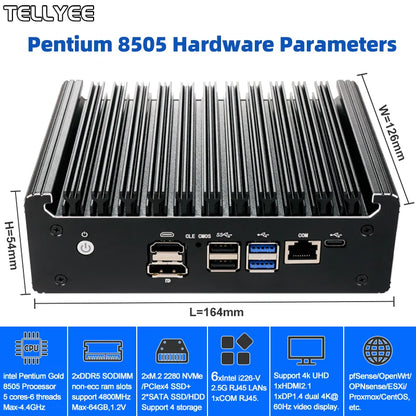 Intel Pentium Gold 8505 Soft Router 6 Lans I226-V 2.5G Fanless Mini PC COM HD DP USB Type-C DDR5 SATA PfSense Firewall Appliance
