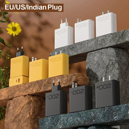New 200W Ultra Fast Charger USB PD 2-In-1 Type C Fast GaN Phone Charger For Iphone Huawei Samsung Xiaomi Oppo  EU US Plug ﻿