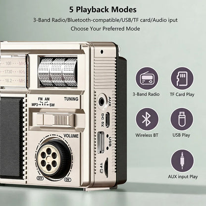 Vintage Solar AM/FM/SW Bluetooth Speaker Radio with USB/TF MP3 Player, Rechargeable Battery FM Receiver Radio for Home&Outdoor