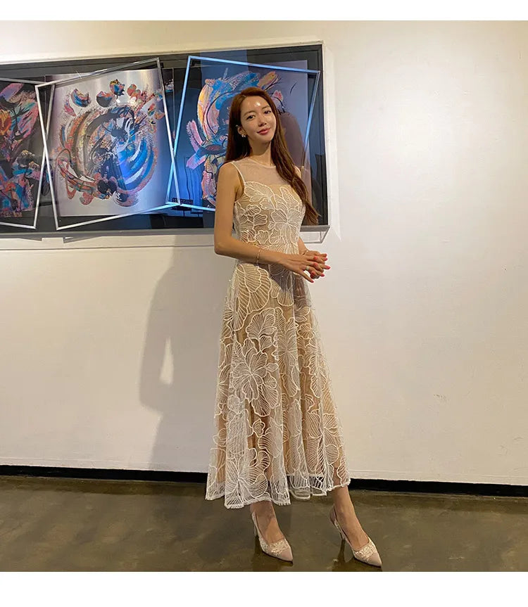 Fashion Slim O-Neck Long Party Casual Dress Hot Sale Summer Dresses Korean Retro Sleeveless Mesh Embroidery Vestidos