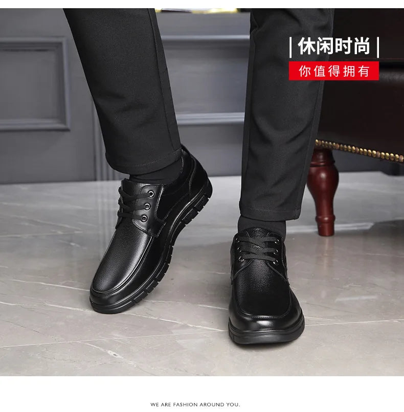 Autumn Men's Leather Shoes True Cowhide Flat Bottom Anti-Slip Plus Size Casual Elderly Father Shoes Rubber Sole China Made