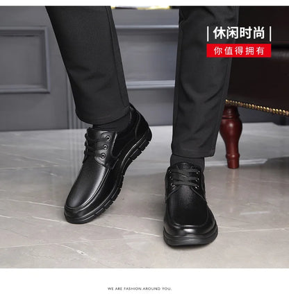 Autumn Men's Leather Shoes True Cowhide Flat Bottom Anti-Slip Plus Size Casual Elderly Father Shoes Rubber Sole China Made