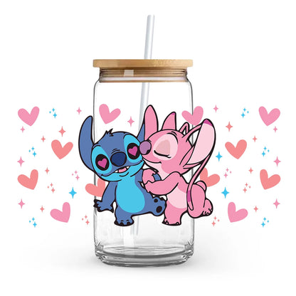 Valentine's Day cartoon Mickey Minnie Stitch Love 16oz Glass Cup UV DTF Transfer Film High-Quality Wraps Transfer Decals