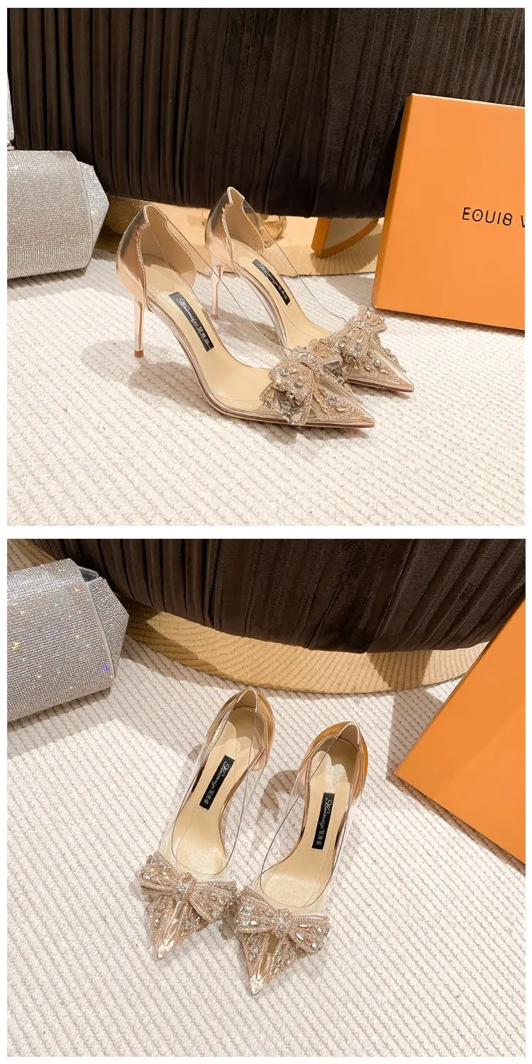 Spring Summer Fashion Rhinestone Bowknot Women Pumps Sexy Silk Pointed Toe Strange High Heels Party Prom Shoes Gold Silver