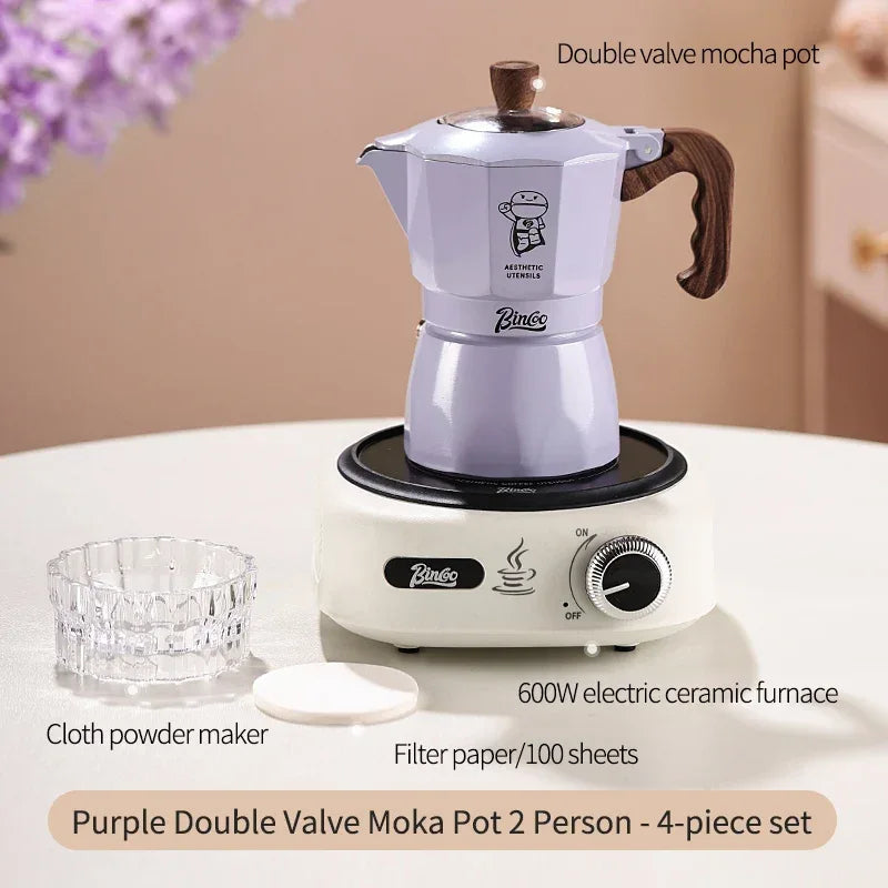 Double Valve Moka Pot Coffee Mocha Pot Set Espresso Moka Pot Electric Stove Heated Brewed Coffee Pot Italian Barista Tools 220v