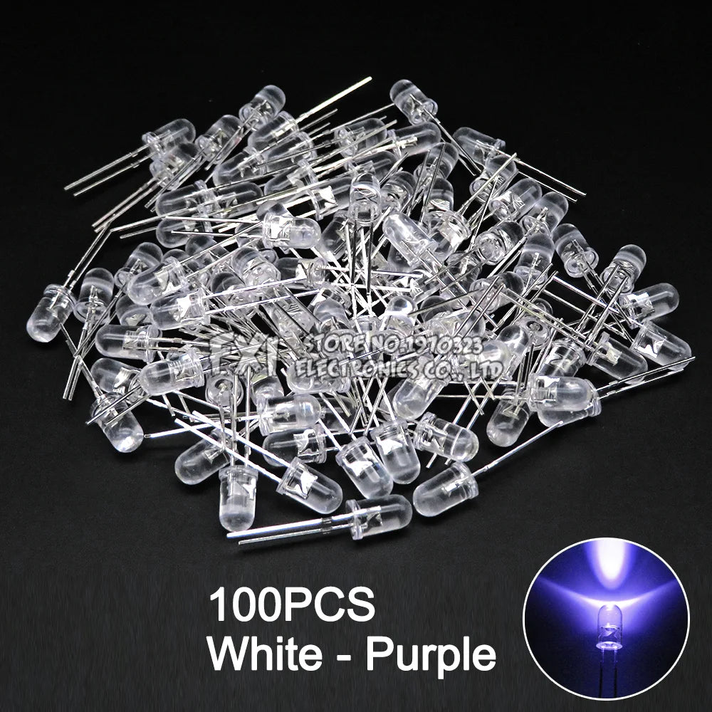 100PCS F5 LED Diode 5MM Assorted Kit White Green Red Blue Yellow Orange Pink Purple Warm White DIY kit Light Emitting Diode bxv