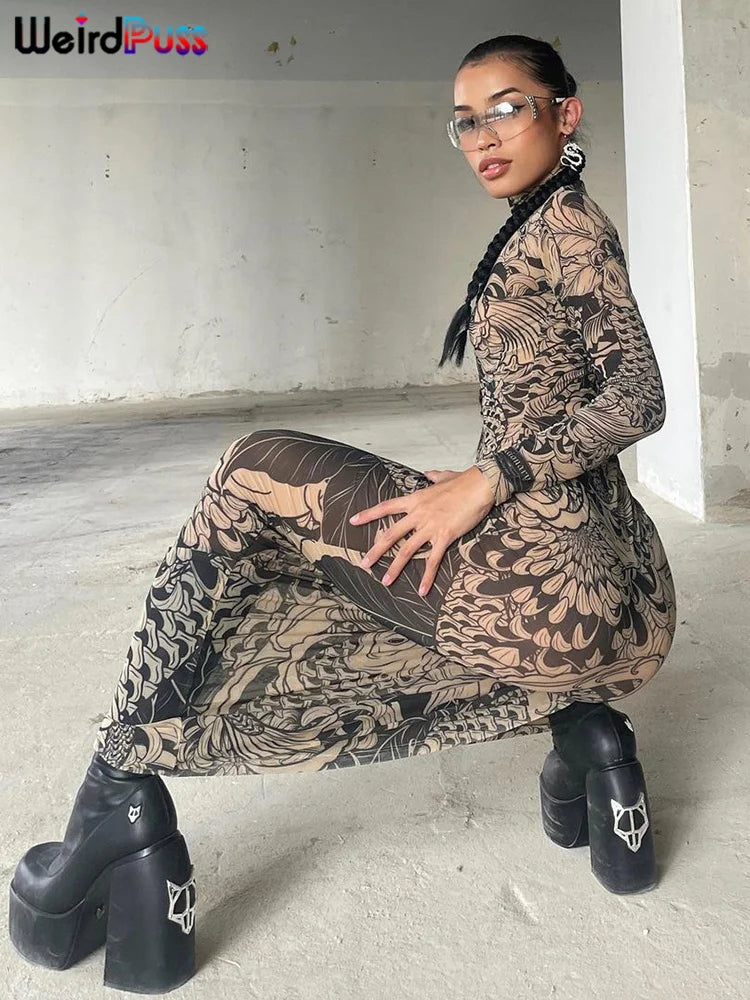 Robe longue moulante à imprimé résille Weird Puss pour femme, col roulé, manches longues, style automne tendance, hipster, streetwear, soirée, look Y2K