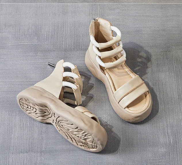 Koznoy 8cm Natural Genuine Leather Sandals Boots Flats Platform Wedge Summer Women Hollow Pumps Peep Toe Booties Mary Jane Shoes