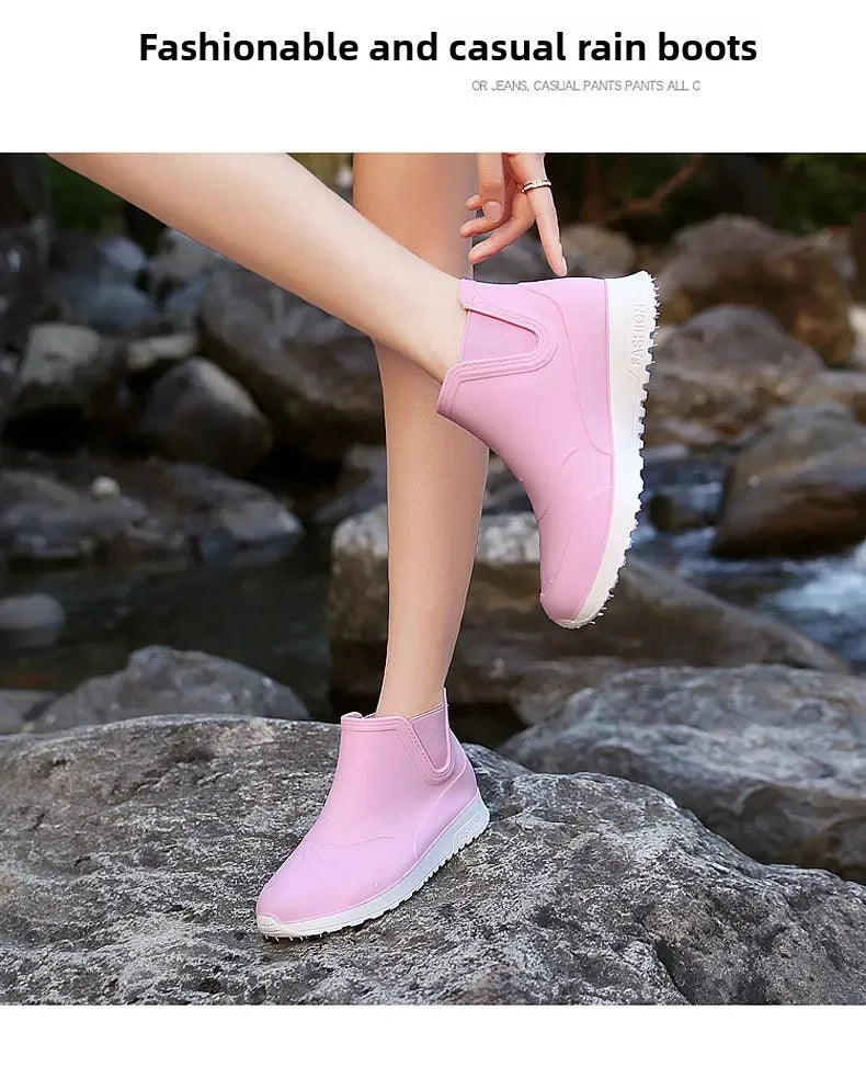 Fashionable Winter Short Ankle Women's Rain Boots Waterproof Slip Resistant Car Wash Shoes Adult Fleece Lined PVC Ladies Footwea