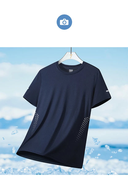 Summer Mesh Sports T-Shirt Men Quick-Drying Breathable Loose Ice Silk Short Sleeves Men Jogging Hiking Round Neck Sports T-shirt