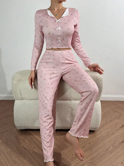 Pajamas Set Women Sleepwear Winter Autumn Floral Print Long Sleeve Tops and Long Pants 2 Pieces Set Casual Loungewear