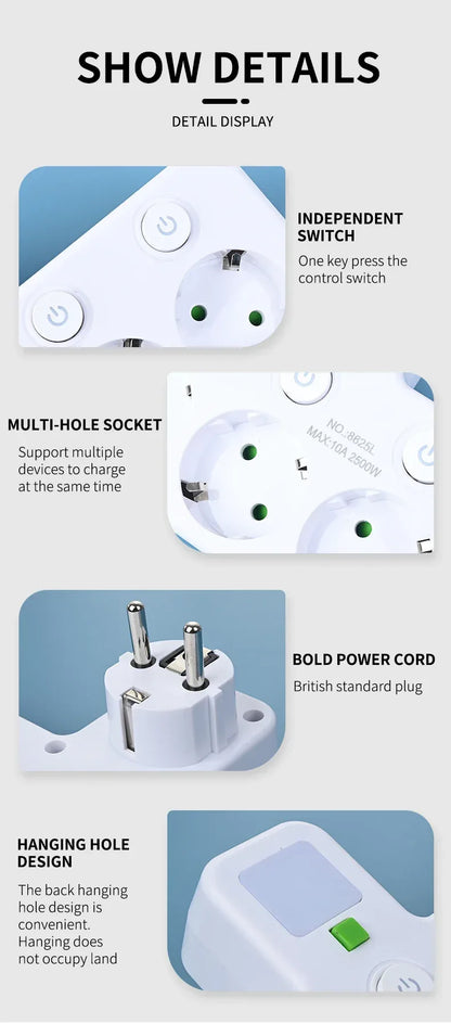 EU Plug Power Strip with 3 AC Outlets +2 USB Ports+ 1 Type C, 6-in-1 Plug Socket Adapter Wireless Wall Charger for Home Office