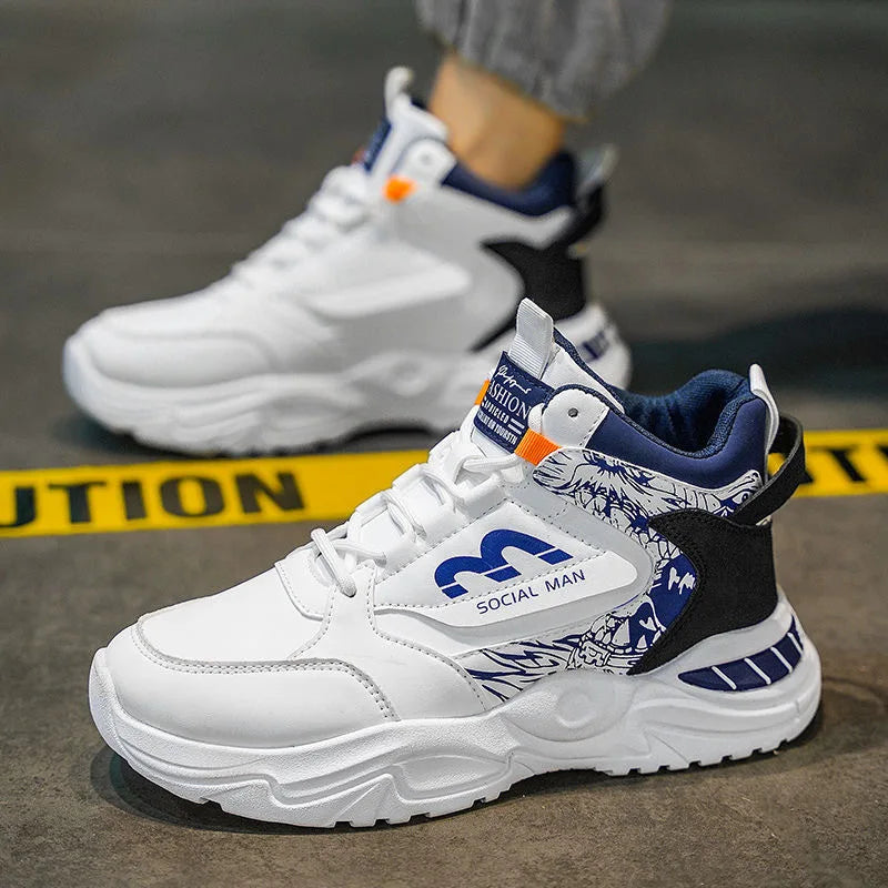 Men's Spring Breathable High Top White Sports Shoes Trendy All-Match Thick Sole Leisure Dad Sneakers