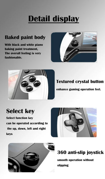 The X9 gaming console features a 5.5-inch high-resolution IPS display with P1 arcade-quality HD output, supporting dual-stick GB