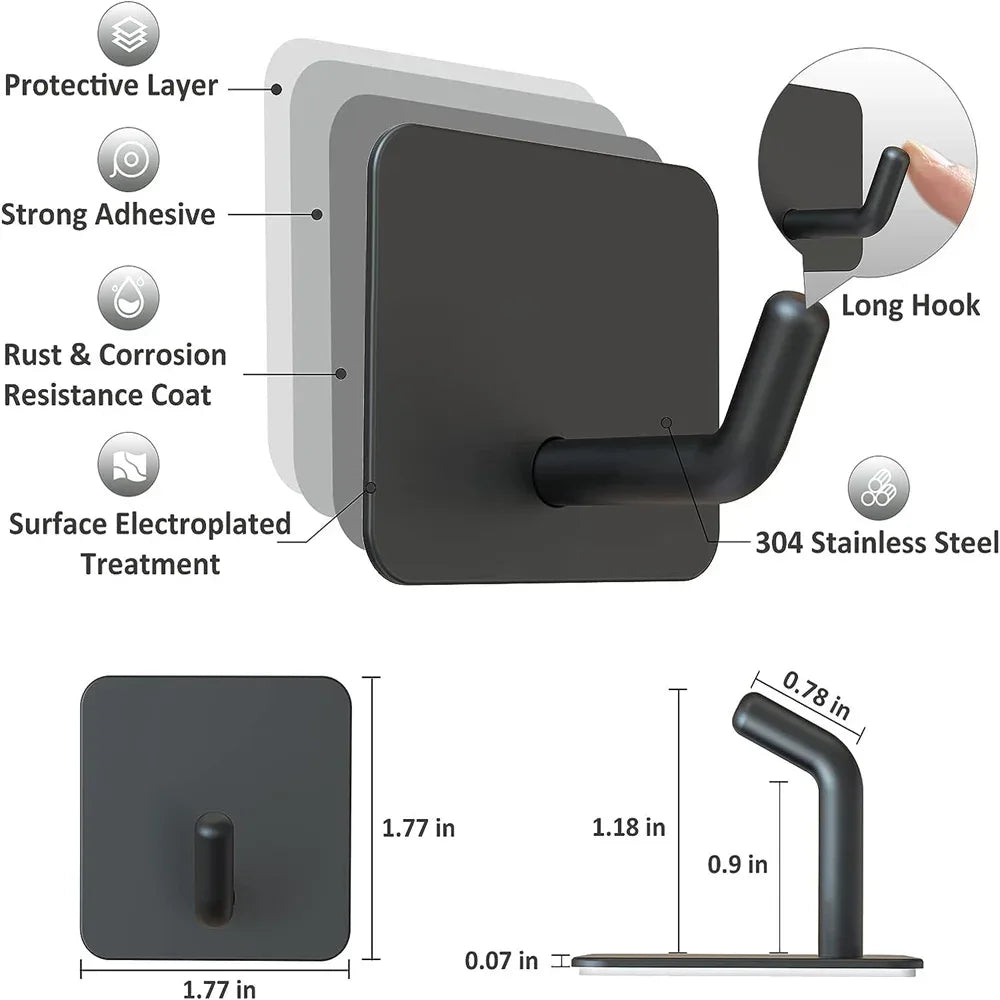 SUS304 Stainless Steel Adhesive Hook Self Adhesive Wall Hooks Hanger Heavy Duty Waterproof Storage Holder Stick on Towel Hooks