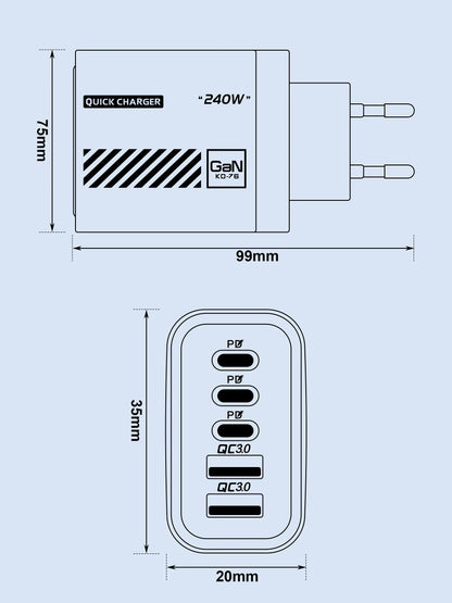 5 Port GaN USB C Charger 240W PD Fast Charging Adapter For iPhone 17 16 15 Pro Samsung Xiaomi Huawei Laptop Desktop PD Charger