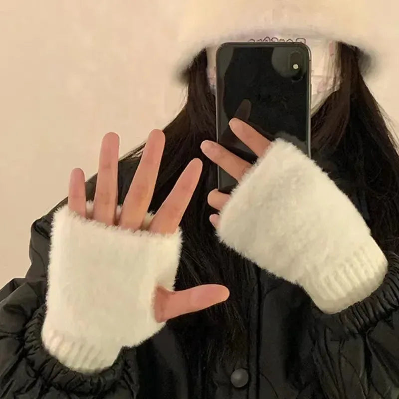 New Solid Color Plush Gloves Women in Autumn and Winter Warm Luxury Woolen Knitted Touch Screen Open Finger Half Finger Gloves