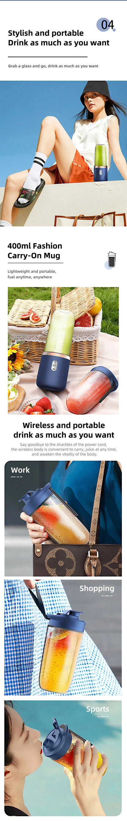 USB Personal Mini Juicer Cup Portable Handheld Travel Blender with Single Double Cups for Water Bottles