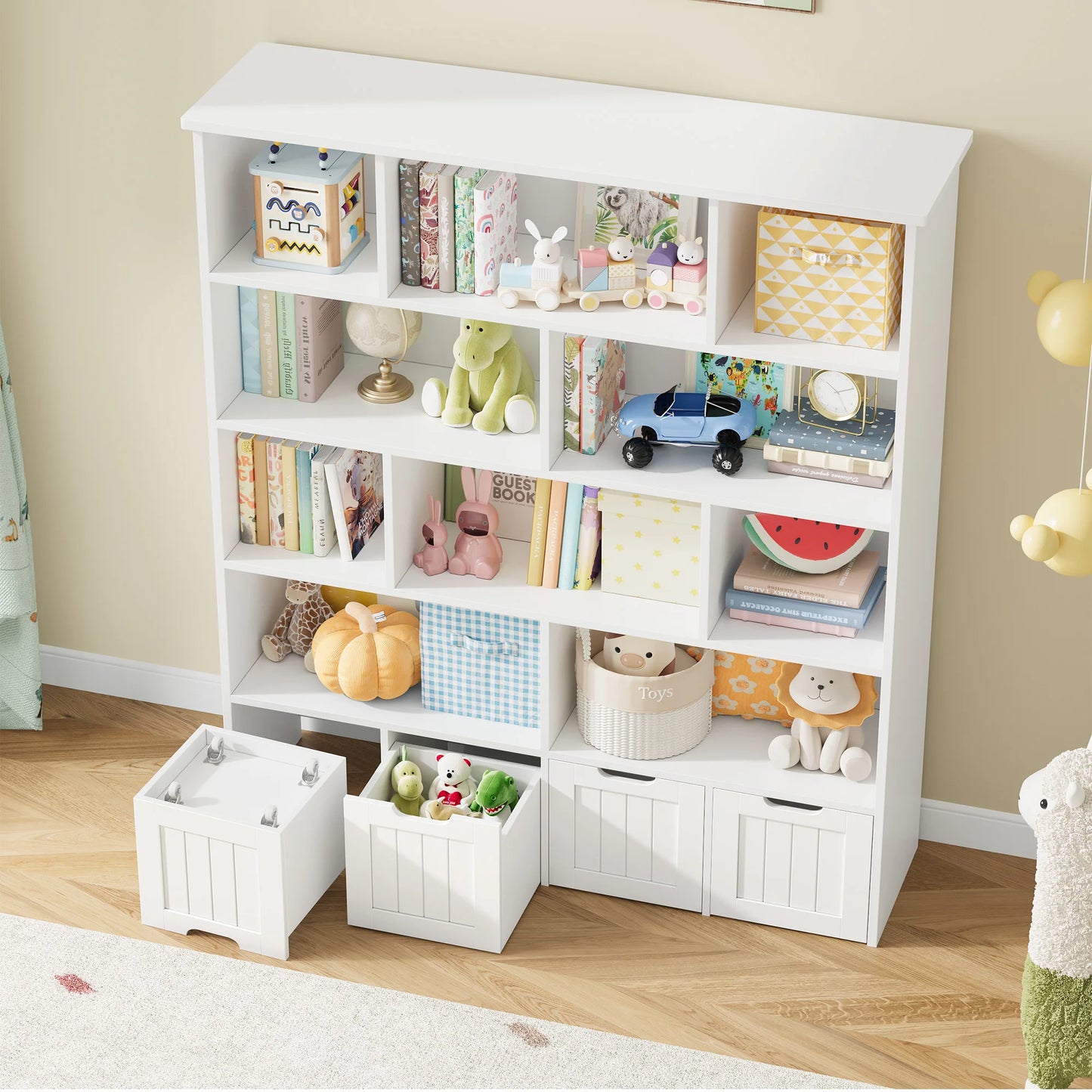 Getone Kids Toy Storage Unit Childrens Bookcase with 4 roller drawers 11 shelves Toy Organiser Kids Bookshelf for Nursery Playroom 125.5x33x146 cm White/ Pink