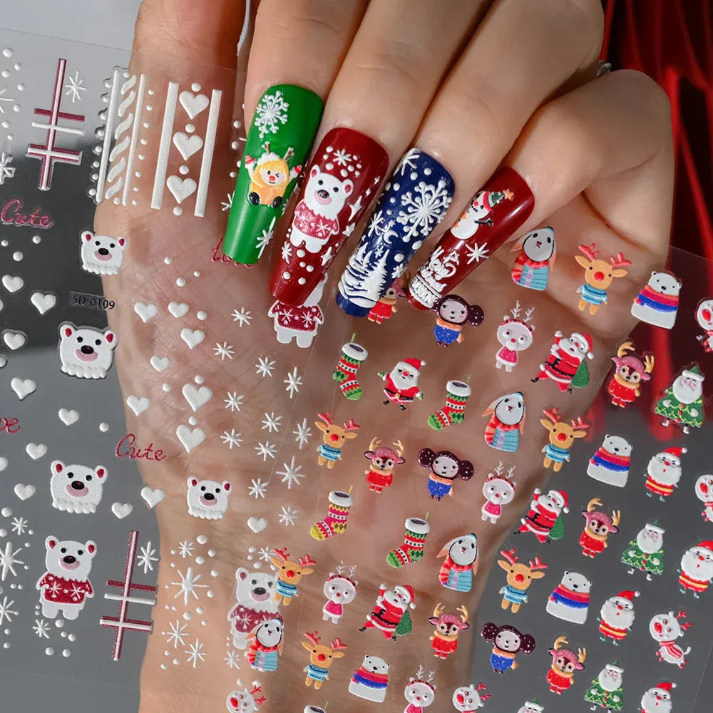1pc Christmas Nail Art Stickers 5D Winter Holiday Themed Nail Decor Santa/Snowflakes/Christmas Trees/Gingerbread Nail Supplies *