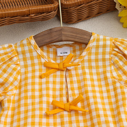 Summer Newborn Girl Yellow Plaid Bow Tie Outfit Baby Clothing Set Infant Girl's Summer Fashion Look